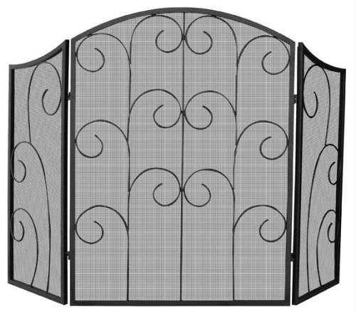 Three Panel Black Iron Fireplace Screen With Scrolled Detail