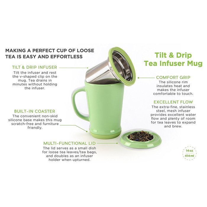 casaWare Tilt and Drip Tea Infuser Ceramic Mug, 14-Ounce (Matcha Green) N2