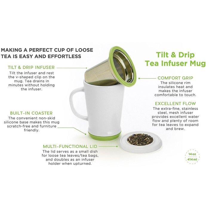 casaWare Tilt and Drip Tea Infuser Ceramic Mug, 14-Ounce (Matcha Green) N4