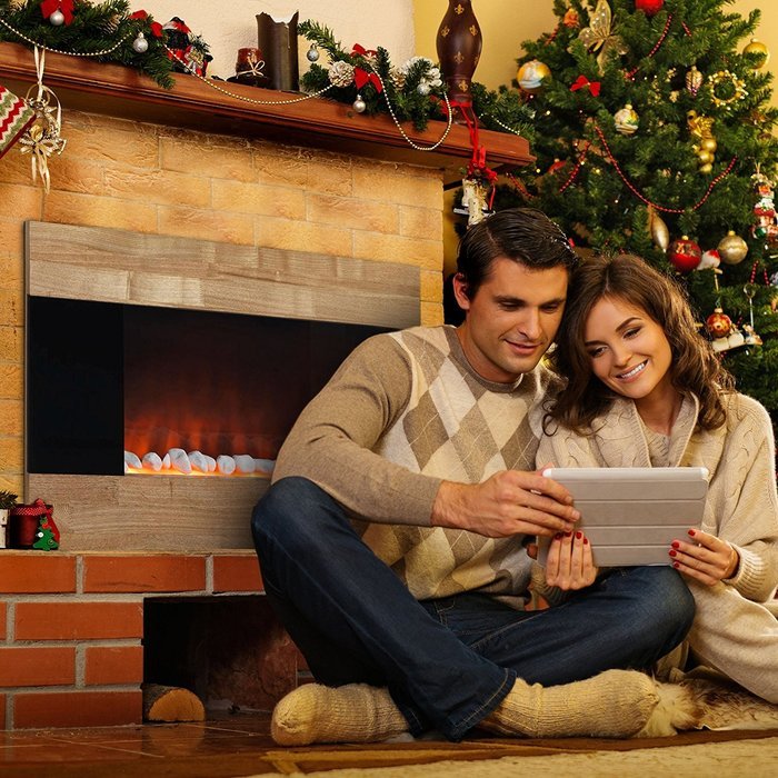 Electric Fireplace Wall Mount Space Heater Ventless Wall Mounted 750 Watt or 1500 Watt Wooden Front Finish Quartz... N4