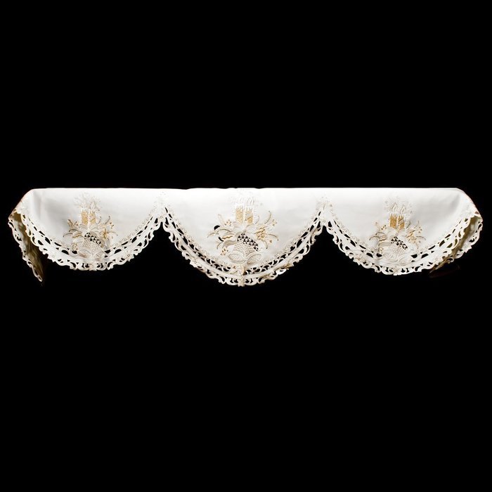 19" X 90" Wide Christmas Embroidered Gold Candle and Lace Bells on Cream Fireplace Mantle Scarf