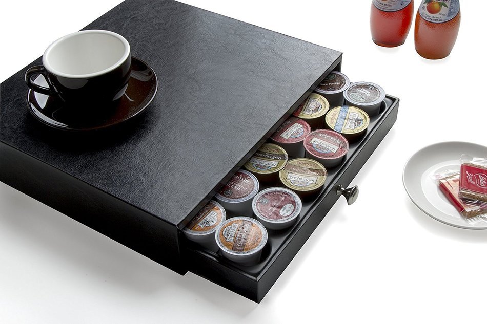Jack Cube Leather K-Cup Holder Organizer Storage K Cup Holder with Drawer(Black, 13.6 x 12.8 x 2.95 inches)-MK214