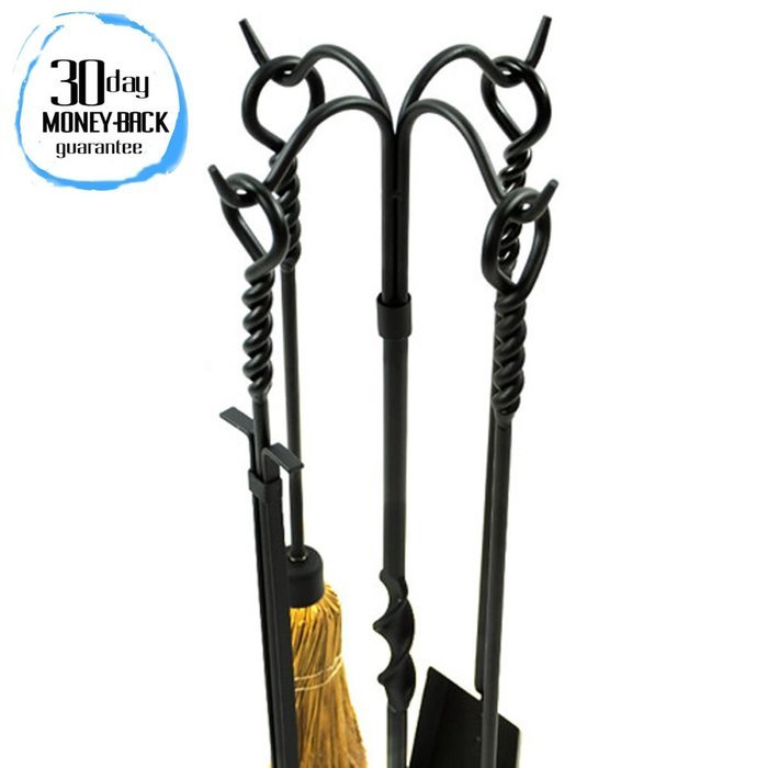 WoodEze FTKB05685TA 5 Piece Black Wrought Iron Fireplace Tool Set with Twist Design N5
