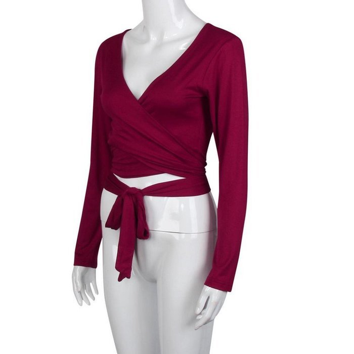 Tops,Morecome Fashion Women Long Sleeve Bandage Crop Tops Shirt (S, Gray) N4