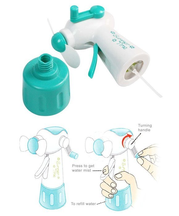 Turquoise Manual Fan and Spray Bottle for Beach, Camping, Summer N3