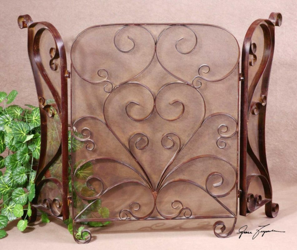 50" Mocha Brown Forged Metal Hinged Fireplace Screen with Intricate Scrollwork