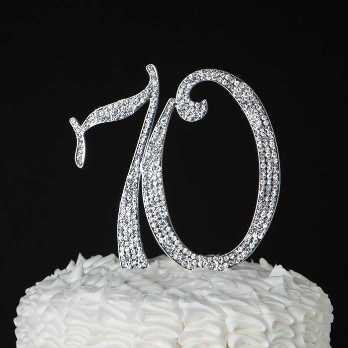 70 Cake Topper for 70th Birthday or Anniversary Rhinestone Number Party Supplies (Silver)