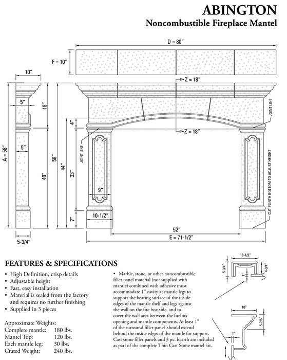 Abington Thin Cast Stone Adjustable Fireplace Mantel Kit - Complete Kit includes Hearth and Adjustable Interior... N4