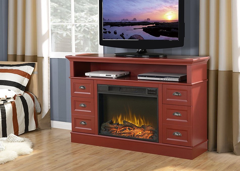 Homestar ZBREMEN Bremen Media Fireplace Console, 54 7/8" x 15 3/8" x 35", Red N3