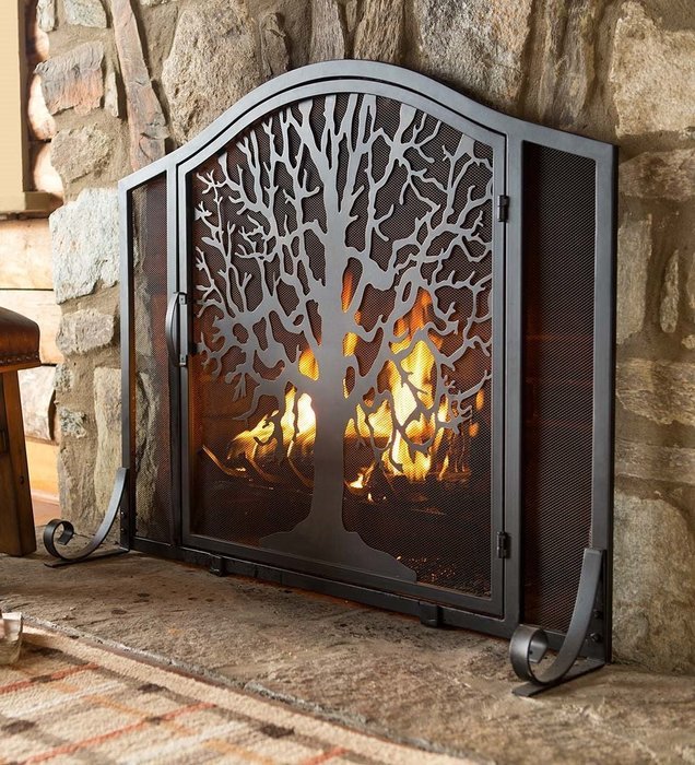 Large Tree of Life Fire Screen with Door, in Black