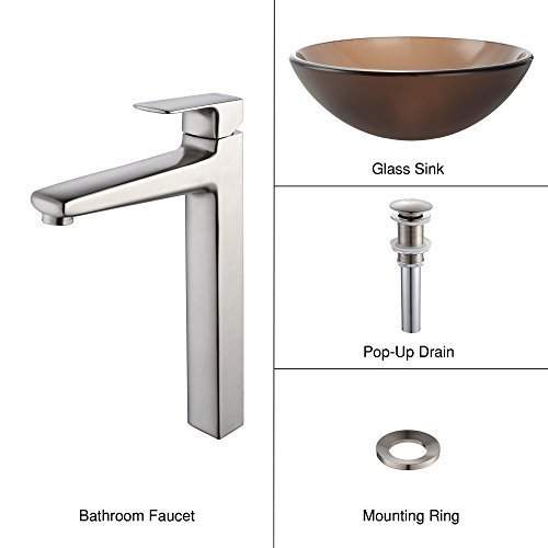 Kraus C-GV-103FR-12mm-15500BN Frosted Brown Glass Vessel Sink and Virtus Faucet Brushed Nickel by Kraus