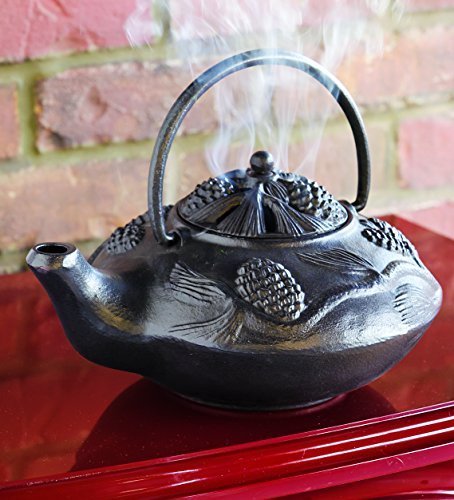 Cast Iron Wood Stove Kettle Steamer with Pine Cone Design, In Black