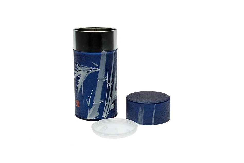 Kotobuki Metal Tea Canister with Bamboo Design, Blue and White
