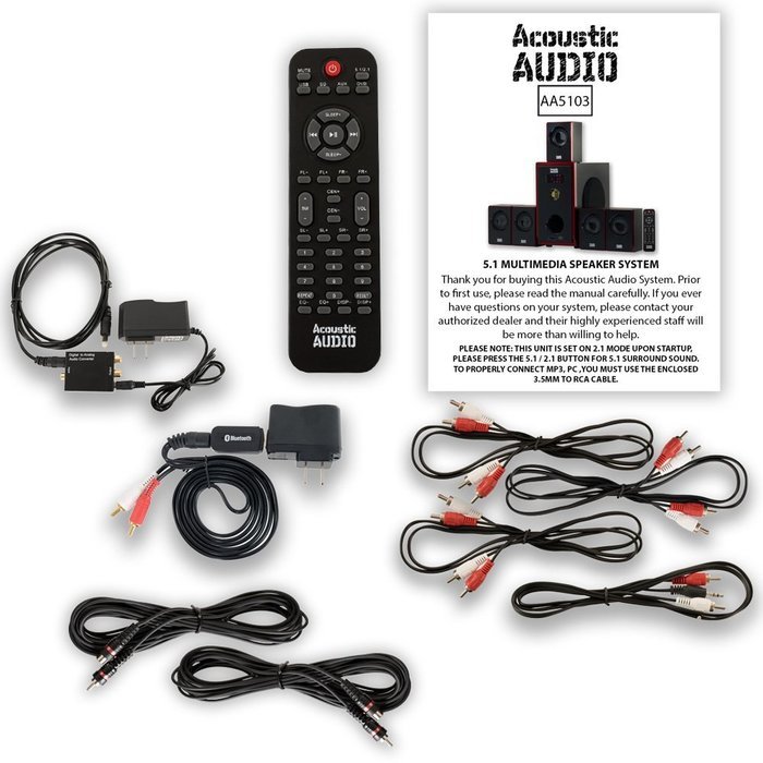 Acoustic Audio AA5103 800W 5.1 Speaker System with Bluetooth, Optical Input and 2 Extension Cables AA5103BD-2