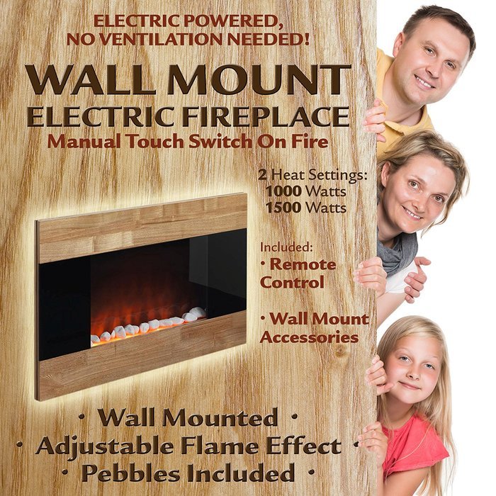 Electric Fireplace Wall Mount Space Heater Ventless Wall Mounted 750 Watt or 1500 Watt Wooden Front Finish Quartz... N6