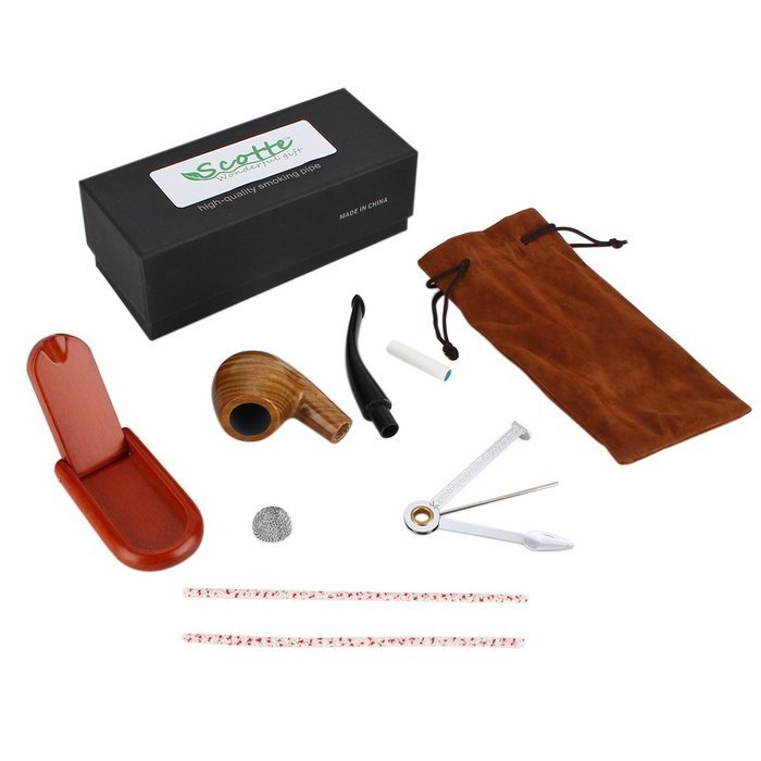 Scotte(TM) Lobular green sandalwood tobacco pipe with (stand+scraper+filter element+pouch+gift box) accessories... N3