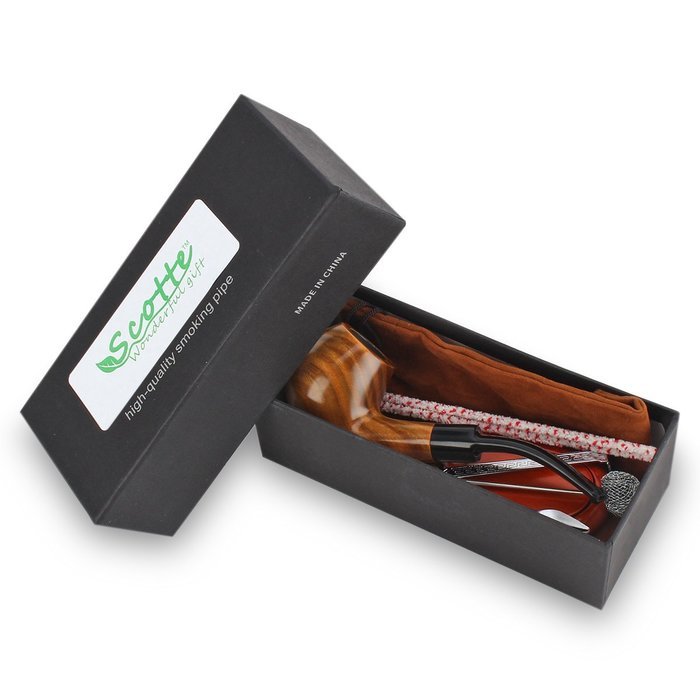 Scotte(TM) Lobular green sandalwood tobacco pipe with (stand+scraper+filter element+pouch+gift box) accessories... N5