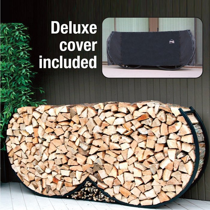 ShelterIt Double Rounded Firewood Log Rack with Kindling Wood Holder and Waterproof Cover, 8', Black