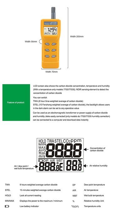 AZ 7755 Handheld Indoor Air Quality meter 9999ppm NDIR Sensor Digital Carbon Dioxide Detector Temperature Humidity... N2