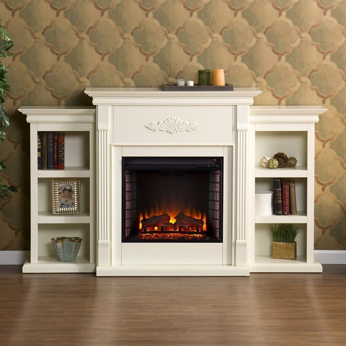 42" Electric Fireplace LED Light with Book Shelf , TV Media Stand Console, Ivory Finish N4