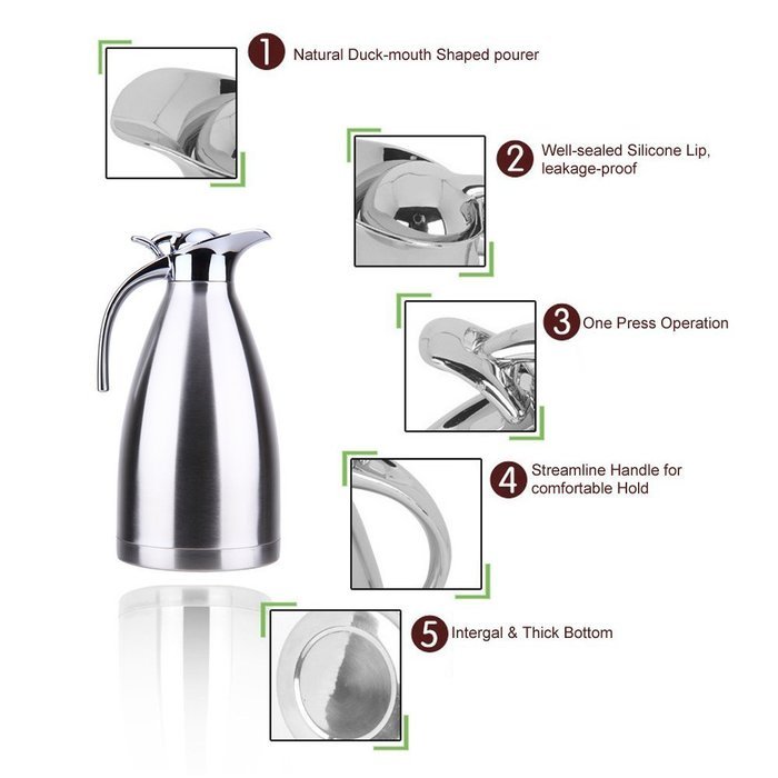 Satin Finish Stainless Steel Thermal Coffee Pot, Vacuum Insulated Carafe Flask Tea Kettle, 1.5 Liter N10