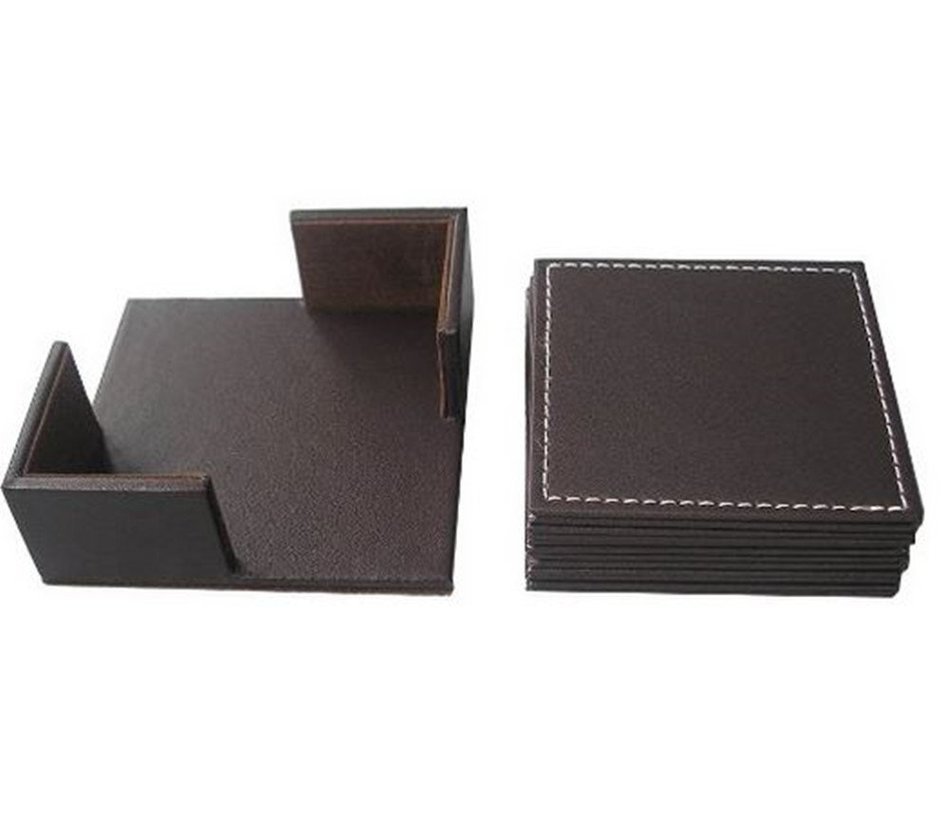 XICHEN&reg; Leather Coasters - Upscale With Coaster Holder Square -6 Piece Set With Holder (Brown) N2