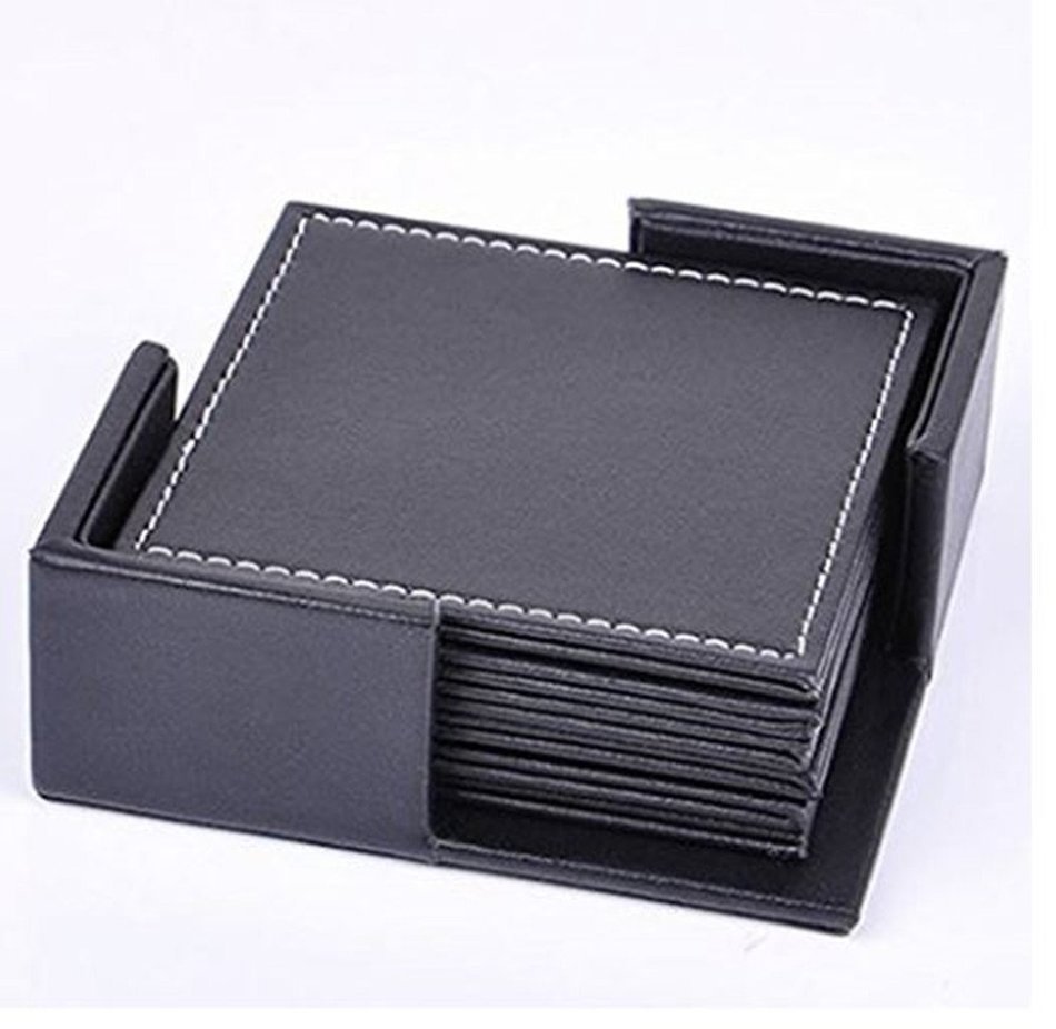 XICHEN&reg; Leather Coasters - Upscale With Coaster Holder Square -6 Piece Set With Holder (Brown) N3