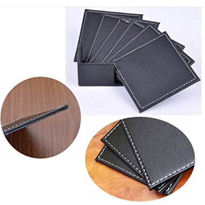 XICHEN&reg; Leather Coasters - Upscale With Coaster Holder Square -6 Piece Set With Holder (Brown) N4