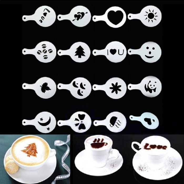 YING LAN Creative Nice Coffee Barista Stencils Template Strew Pad Duster Spray Art 16 PCS