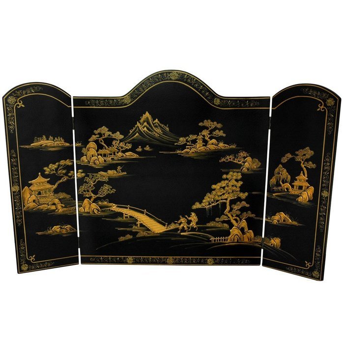 Oriental Furniture Lacquer Fireplace Screen - Gold Leaf Birds and Flowers