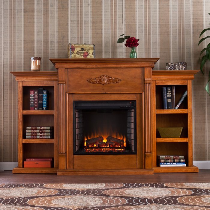 Electric Fireplace with Open Bookcase , Glazed Pine N6