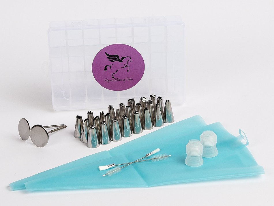 33 Piece Frosting Set: 24 Icing Tips, 2 Reusable Silicone Piping Bags, 2 Plastic Couplers, 2 Cleaning Brushes,... N3