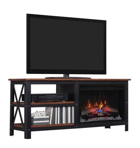 Grainger TV Stand with 25" Curved Electric Fireplace, Old World Brown