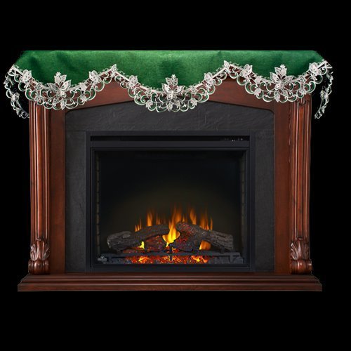 19" X 90" Wide Fireplace Mantel Scarf with White Butterflies on Green Linen