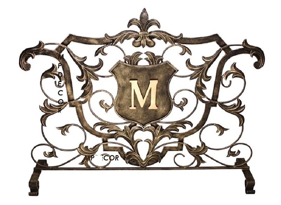 MutterMui Vintage French Tuscan Fleur De Lis Monogram Shield Acanthus Leaf Fireplace Fire Screen N2