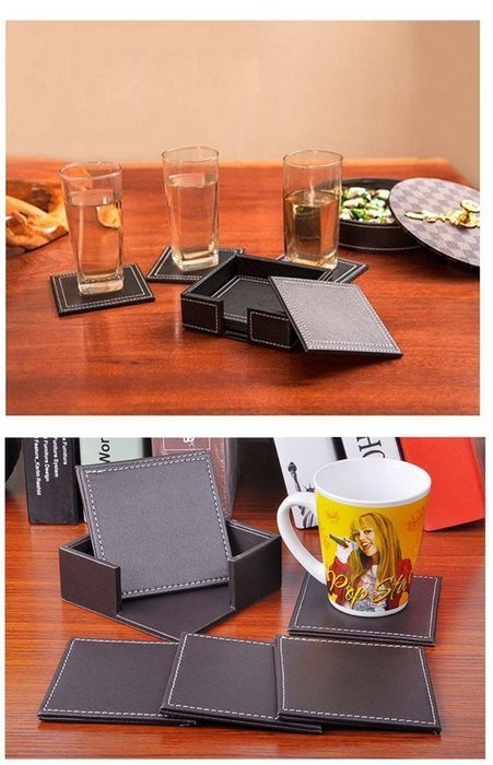 XICHEN&reg; Leather Coasters - Upscale With Coaster Holder Square -6 Piece Set With Holder (Brown) N6