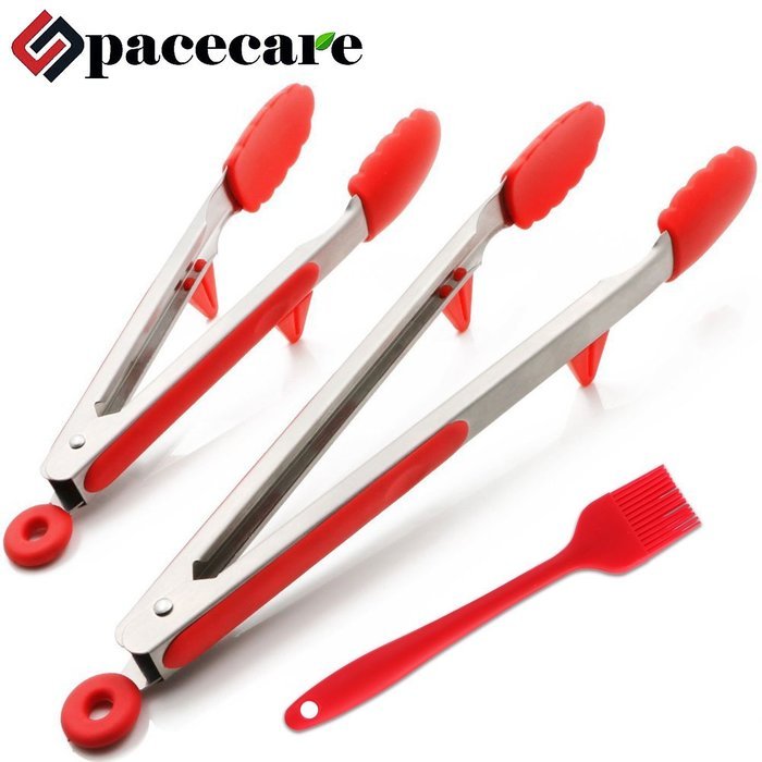 SPACECARE Kitchen Cooking Stainless Steel Tongs with Red Silicone Tips (9 Inch and 12 Inch) and Grill BBQ Sauce... N5