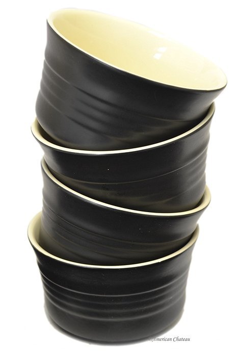 Set 4 Black Vintage-Onyx Ribbed Stoneware 8oz Oven Safe Baking Dish Ramekins