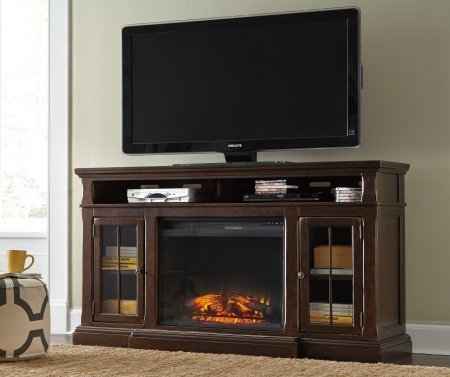 Ashley Roddinton W701SET 74" Wide Extra Large TV Stand with W100-21 LG Infrared Fireplace Insert in Dark Brown