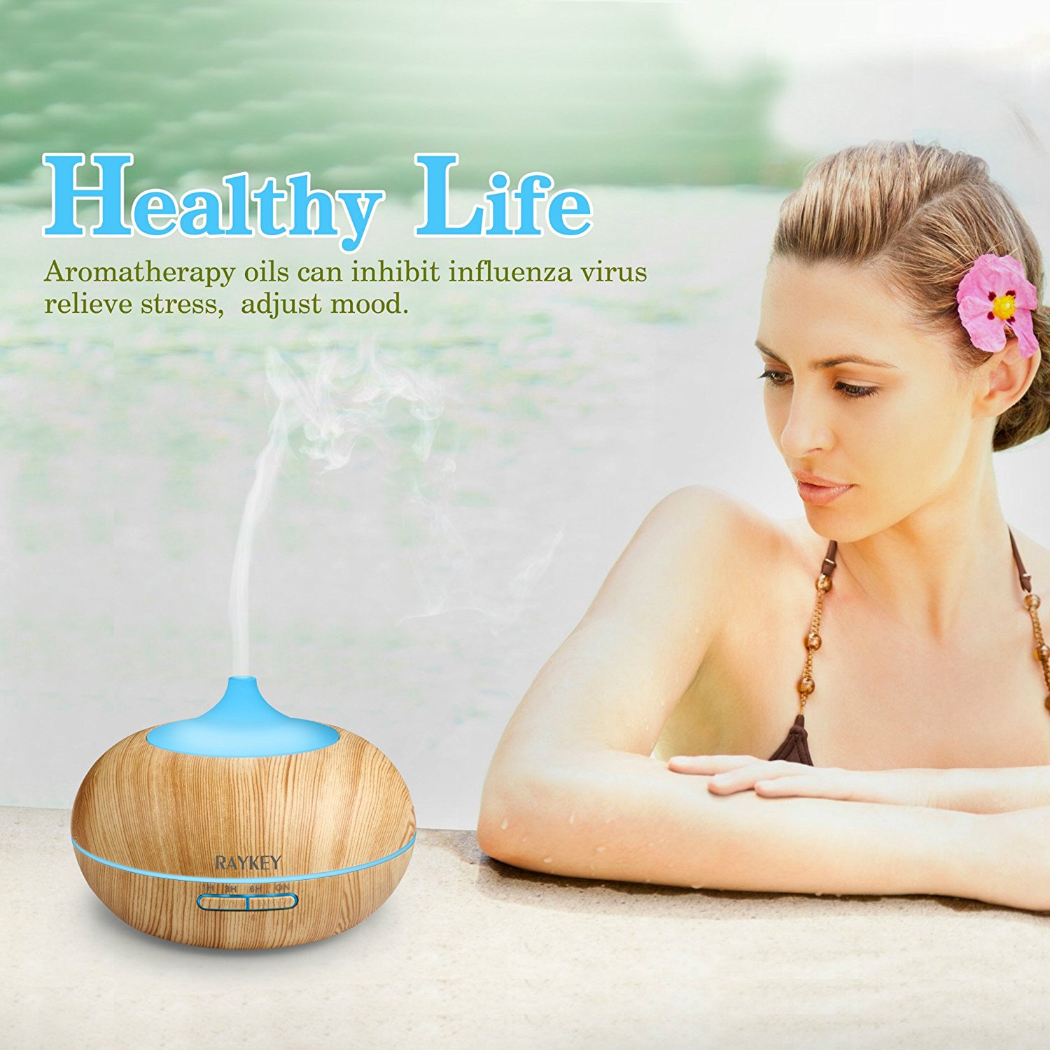 Cool Mist Diffuser Raykey 300ml Aroma Essential Oil Ultrasonic Humidifier With 7 Led Colors 6809