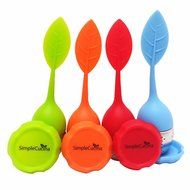 SimpleCucina Set of 4 Cute Leaf Silicone Handle Stainless Steel Strainer Drip Tray Included - Loose Tea Steeper...