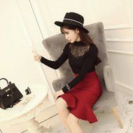 KAKA(TM) Girl Women Spring Autumn Long Sleeve Blouses Lucency Gauze Slim Sweater black N4