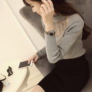 KAKA(TM) Girl Women Spring Autumn Long Sleeve Blouses Lucency Gauze Slim Sweater black N6