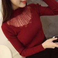 KAKA(TM) Girl Women Spring Autumn Long Sleeve Blouses Lucency Gauze Slim Sweater black N8