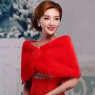 KAKA(TM) Gorgeous Winter Bridal Wedding Dress Wrap Artificial Plush Shawl-Red N23