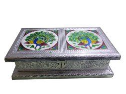 Silver Meenakari work 9X5 inch Dry fruit Box, Dry Fruit box, Dry fruit boxes, Wooden dry Fruit box, meenakari...