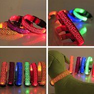 Evtech(tm) Leopard Print Night Safety Lead Collar Dog Cat Pet Adjustable Collar with Flash Light-up Yellow - S N4