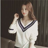 Spritech(TM) Fashion Korea Women's V-Neck Long Sleeve Knite Loose Fit Pullover Sweater White N7