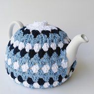 Crochet Tea Pot Cozy Light Blue Navy White Cotton