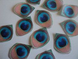 24 Mini Edible Peacock Feathers Pre-cut 1.25&quot; Edible Feathers Decor Eyes Teal Blue Green - Perfect for Wedding...